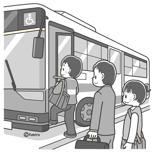 バスに乗る男の子のイラスト モノクロ