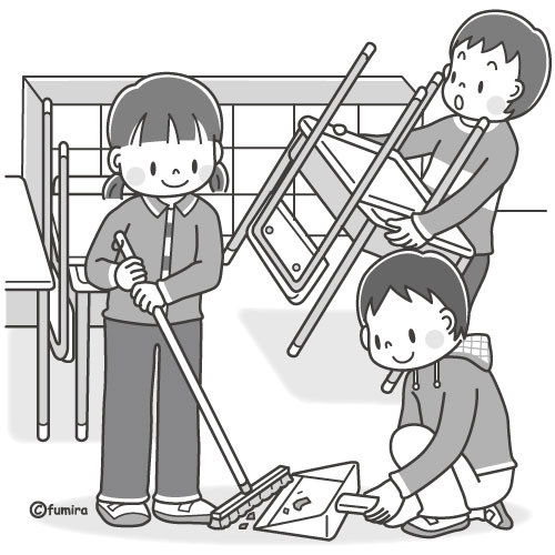 教室の掃除をする男の子とクラスメイトのイラスト モノクロ 子供と動物のイラスト屋さん わたなべふみ