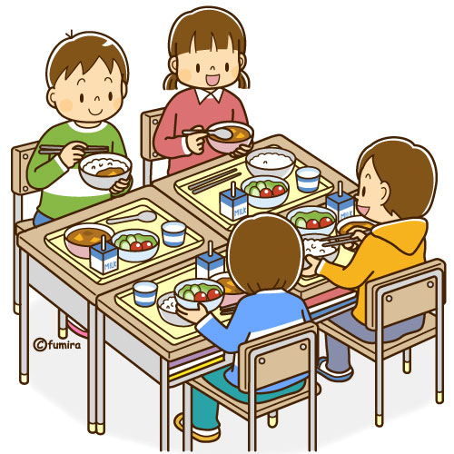 友達と給食を食べる男の子のイラスト ソフト 子供と動物のイラスト屋さん わたなべふみ