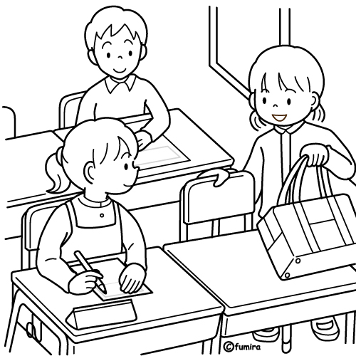 教室で自分の席につく女の子のイラスト（ぬりえ）