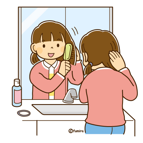 髪をとかして結ぶ女の子のイラスト（ソフト）