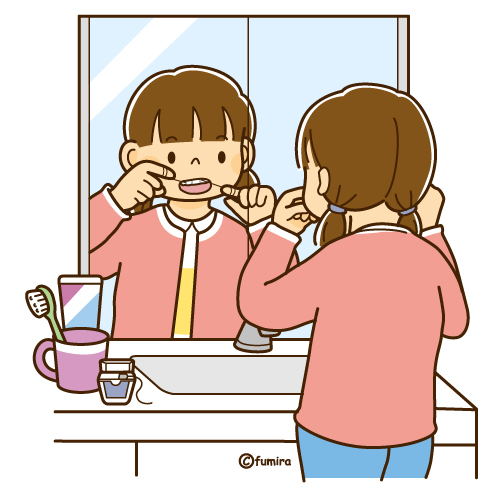 歯みがきの後にデンタルフロスを使う女の子のイラスト（ソフト）