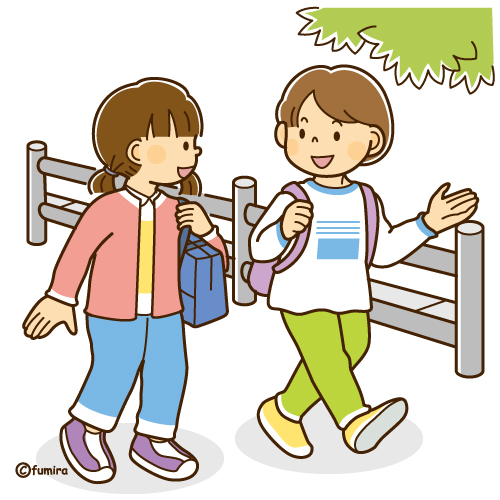 友達と一緒に通学路を歩く女の子のイラスト（ソフト）