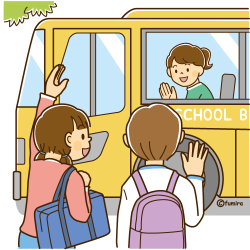 バスの中の友達に手を振る女の子のイラスト（ソフト）