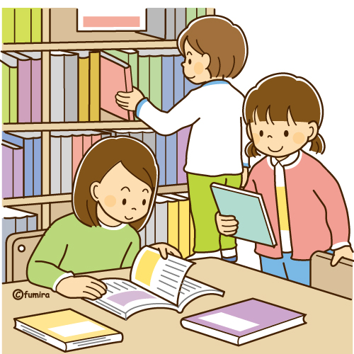 学校の図書室で本をさがして読んでいる女の子たちのイラスト（ソフト）