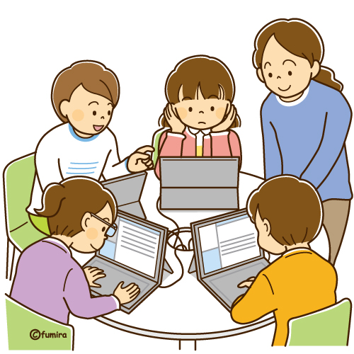 パソコンの勉強をする女の子たち・デジタル学習のイラスト（ソフト）