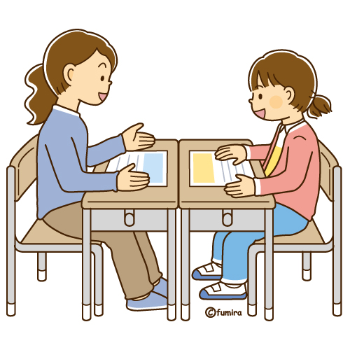 先生と面談をする女の子のイラスト（ソフト）