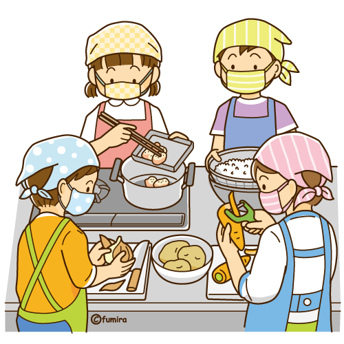 家庭科で調理実習をする子どもたちのイラスト（ソフト）
