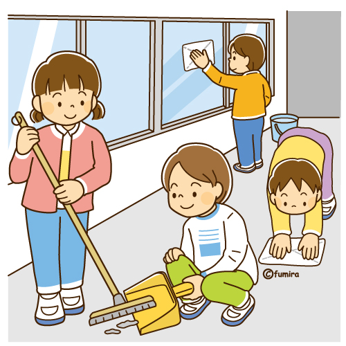 学校の掃除をする子どもたちのイラスト（ソフト）