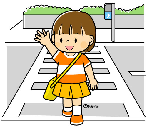 手を上げて横断歩道をわたる女の子のイラスト カラー 子供と動物のイラスト屋さん わたなべふみ