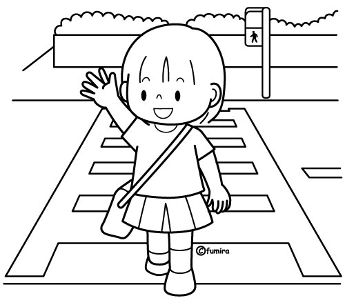 手を上げて横断歩道をわたる女の子のイラスト ぬりえ 子供と動物のイラスト屋さん わたなべふみ