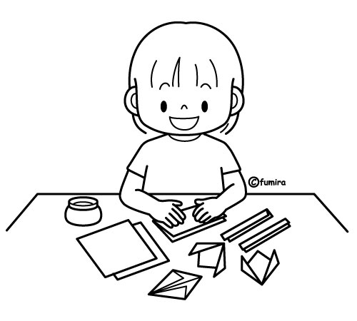 折り紙を折って遊ぶ女の子のイラスト ぬりえ 子供と動物のイラスト屋さん わたなべふみ