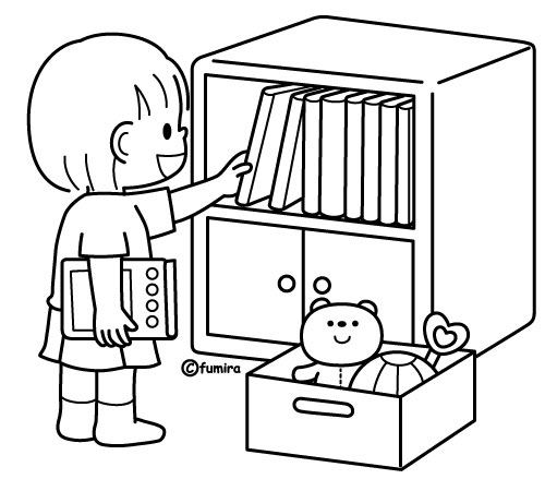 片付け 整理整頓をする女の子のイラスト ぬりえ 子供と動物のイラスト屋さん わたなべふみ