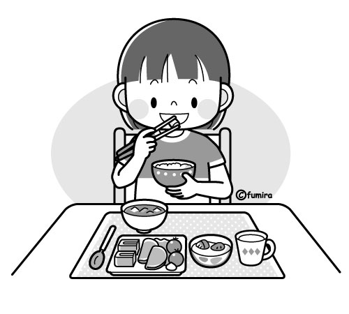 朝御飯を食べる女の子のイラスト モノクロ 子供と動物のイラスト屋さん わたなべふみ
