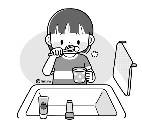 歯磨きをする女の子のイラスト モノクロ