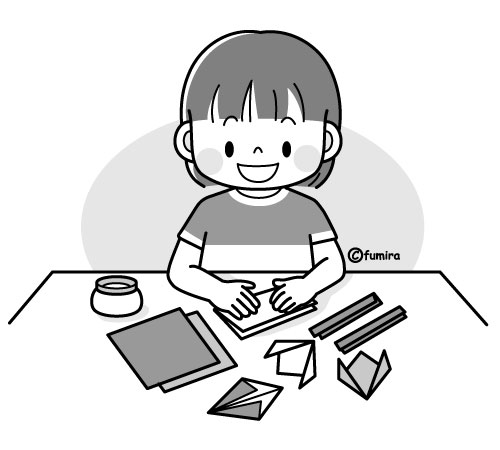 折り紙を折って遊ぶ女の子のイラスト モノクロ