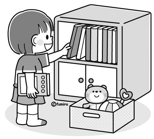 片付け 整理整頓をする女の子のイラスト モノクロ 子供と動物のイラスト屋さん わたなべふみ