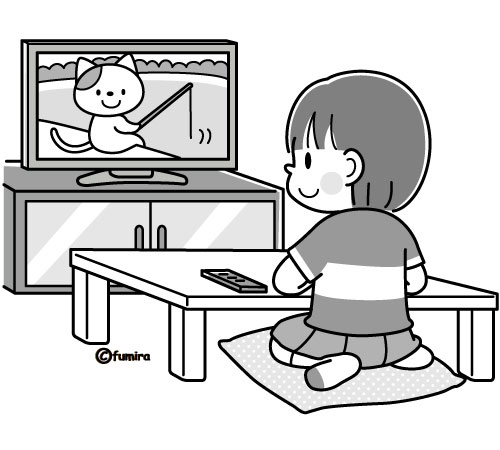 テレビを見る女の子のイラスト モノクロ 子供と動物のイラスト屋さん わたなべふみ