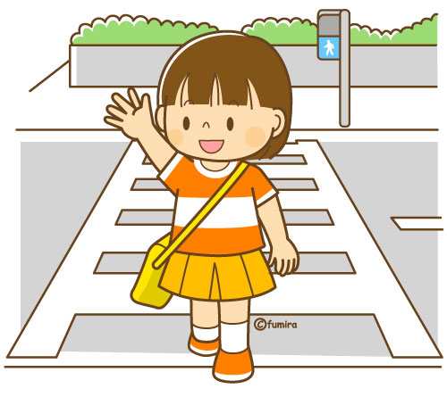 手を上げて横断歩道をわたる女の子のイラスト ソフト 子供と動物のイラスト屋さん わたなべふみ