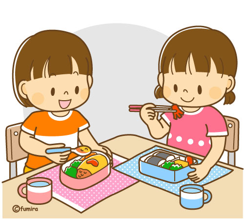 友達とお弁当を食べる女の子のイラスト ソフト 子供と動物のイラスト屋さん わたなべふみ