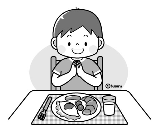 朝ごはんを食べる男の子のイラスト モノクロ