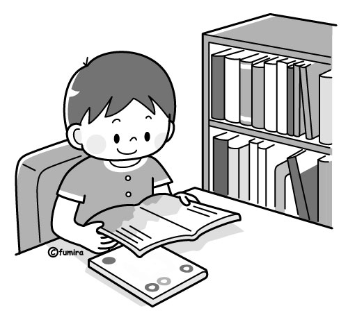 絵本を読む男の子のイラスト モノクロ