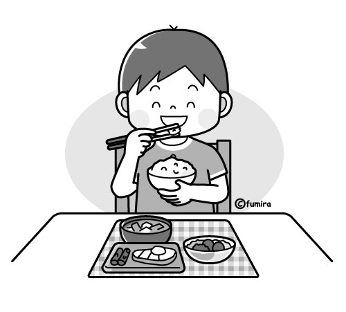 和食のごはんを食べる男の子のイラスト モノクロ 子供と動物のイラスト屋さん わたなべふみ