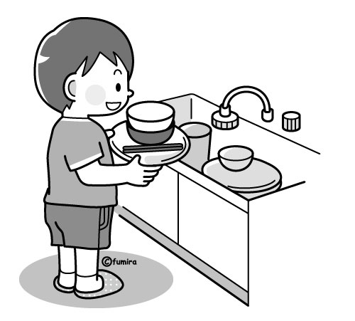 食器を片づける お手伝いをする男の子のイラスト モノクロ