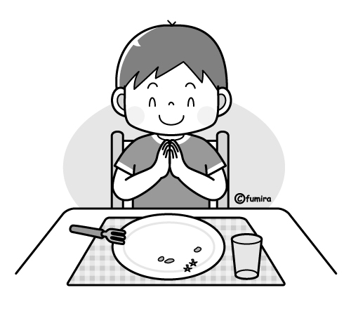 ごちそうさま をする男の子 食後のイラスト モノクロ 子供と動物のイラスト屋さん わたなべふみ