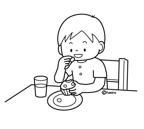 おやつをたべる男の子のイラスト モノクロ 子供と動物のイラスト屋さん わたなべふみ