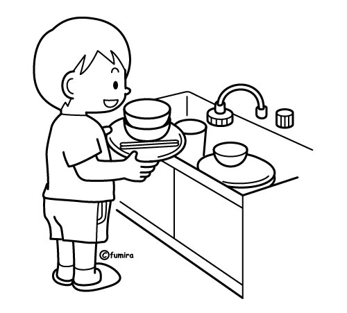 食器を片づける お手伝いをする男の子のイラスト ぬりえ 子供と