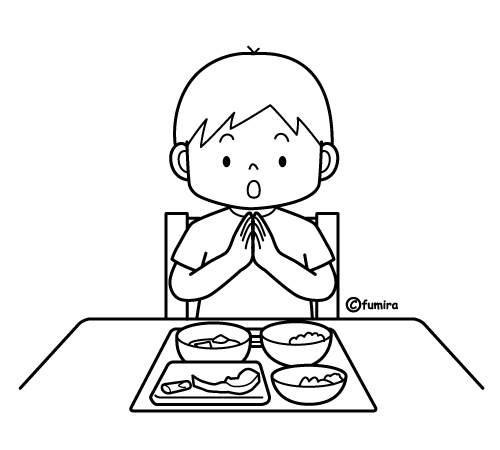 食事を残して「ごちそうさま」をする男の子のイラスト（ぬりえ）