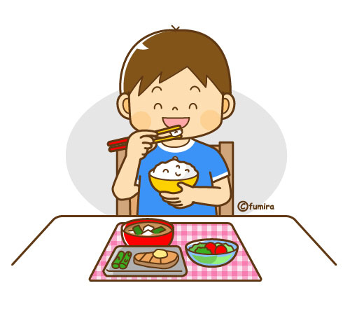 和食のごはんを食べる男の子のイラスト（ソフト）
