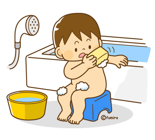 お風呂で体を洗う男の子のイラスト ソフト 子供と動物のイラスト