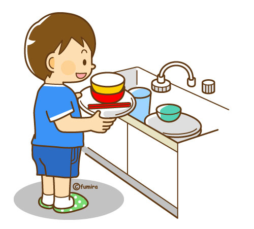 食器を片づける・お手伝いをする男の子のイラスト（ソフト）