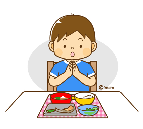 食事を残して「ごちそうさま」をする男の子のイラスト（ソフト）
