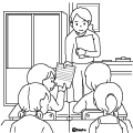高学年・子供・女の子の生活イラスト プリントを受け取る女の子(ぬりえ)