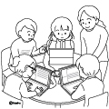 高学年・子供・男の子の生活イラスト 黒板の前で発表をする男の子