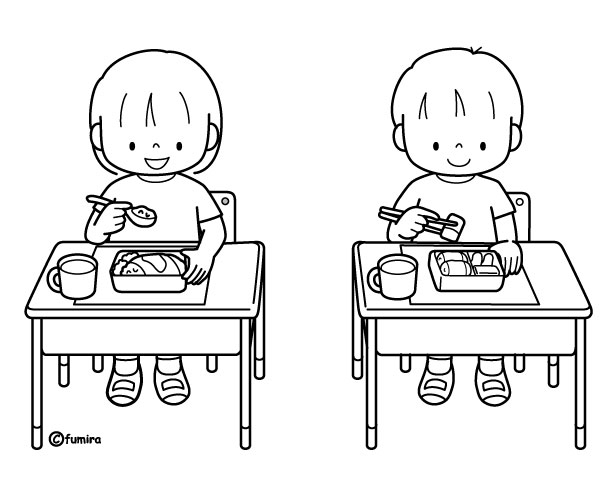 机を離してお昼ごはんをたべる子どもたちのイラスト（ぬりえ）