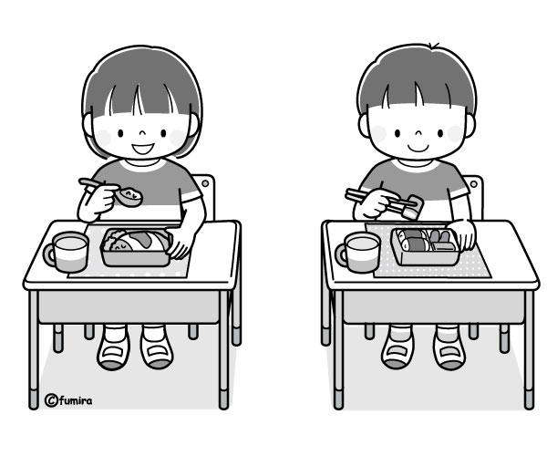 机を離してお昼ごはんをたべる子どもたちのイラスト（モノクロ）