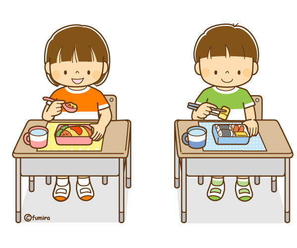 机を離してお昼ごはんをたべる子どもたちのイラスト（ソフト）