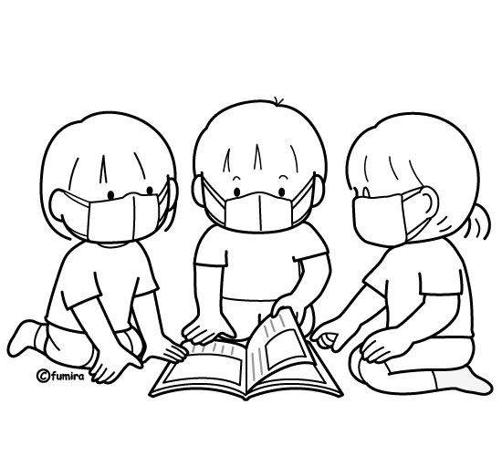 マスクをつけて一緒に絵本を読んでいる子どもたちのイラスト（ぬりえ）