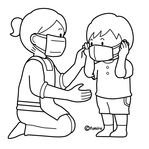 マスクをつける男の子と先生のイラスト（ぬりえ）