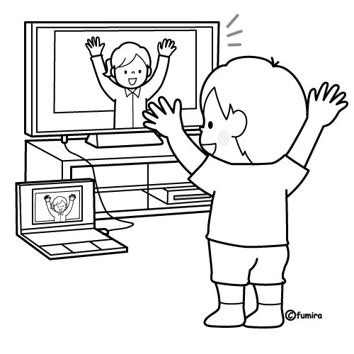 テレビでオンライン授業を見ながら体操をしている男の子のイラスト（ぬりえ）