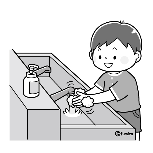 せっけんで手を洗う男の子のイラスト（モノクロ）