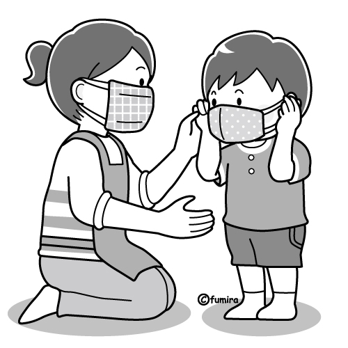 マスクをつける男の子と先生のイラスト（モノクロ）
