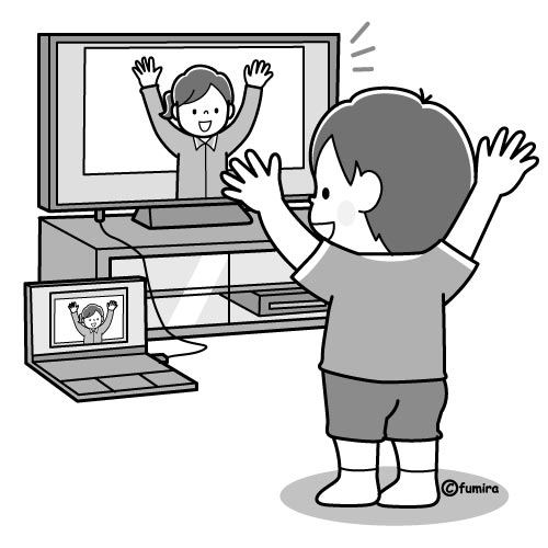 テレビでオンライン授業を見ながら体操をしている男の子のイラスト（モノクロ）