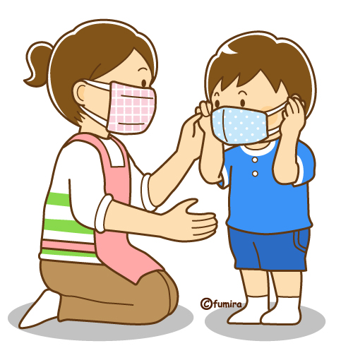 マスクをつける男の子と先生のイラスト（ソフト）