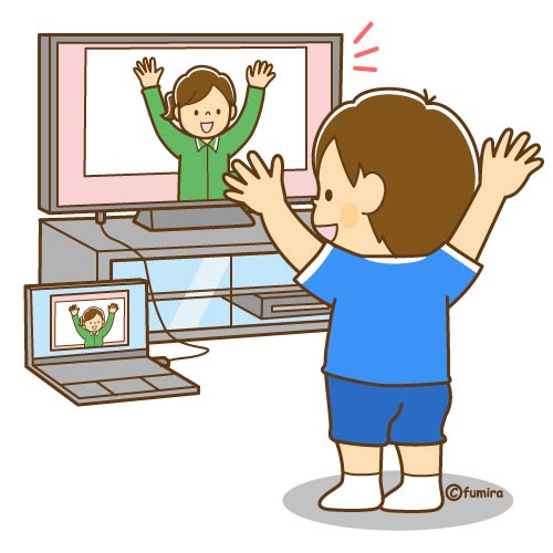 テレビでオンライン授業を見ながら体操をしている男の子のイラスト（ソフト）