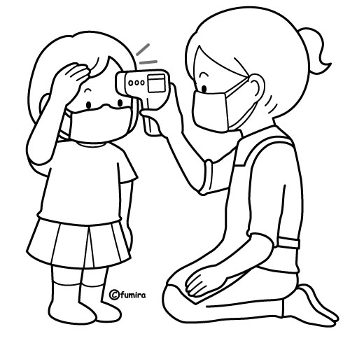 非接触型体温計で体温を測る女の子のイラスト（ぬりえ）